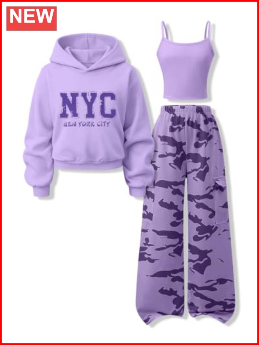 Girls 3 Piece Cropped Hoodie Cami Cargo Pants Outfit Set Cotton Blend